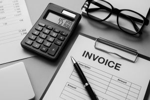 Black and white photo of notebook, checklist, and calculator on a desk for customizable accounting services.